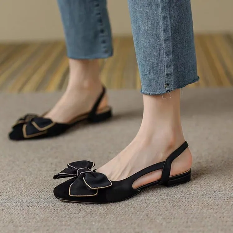 Baotou Sandals Women's Summer  New Small Fragrant Style Color-block Bow Square Toe Flat Flat with A Flat Buckle