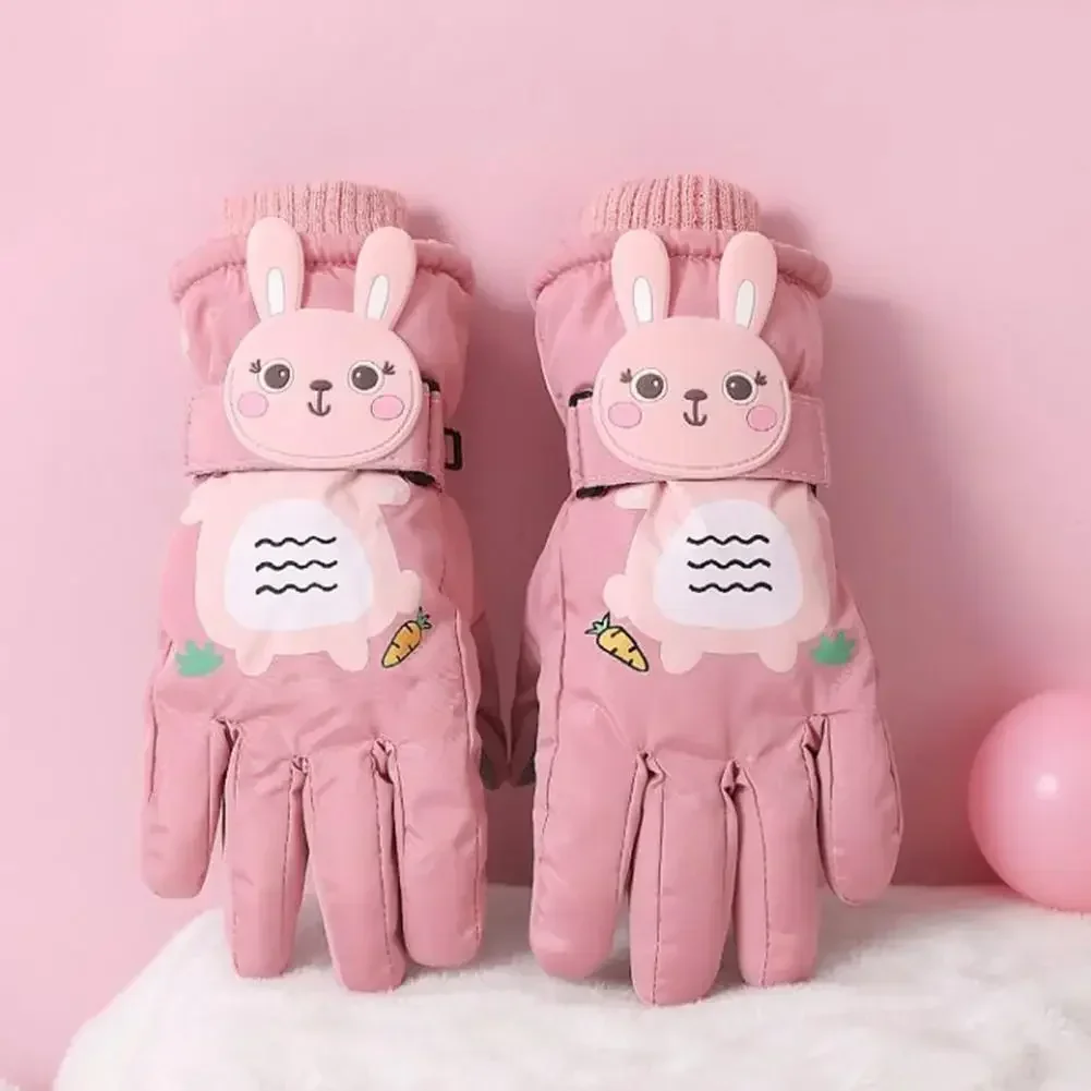 

1 Pair Winter Ski Gloves With Adjustable Fastener Tape Cartoon Rabbit Design Fleece Lining Thick Warm Kids Gloves