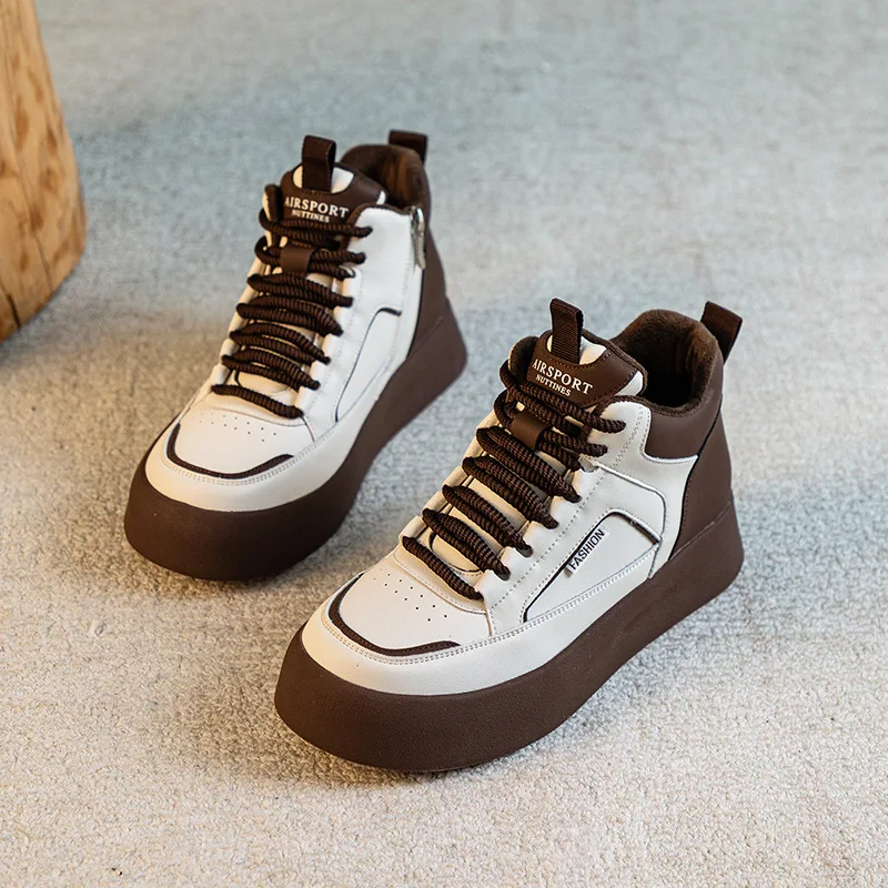 women's shoes genuine leather high top dad's shoes 2023 autumn and winter plush flat bottoms casual sports shoes