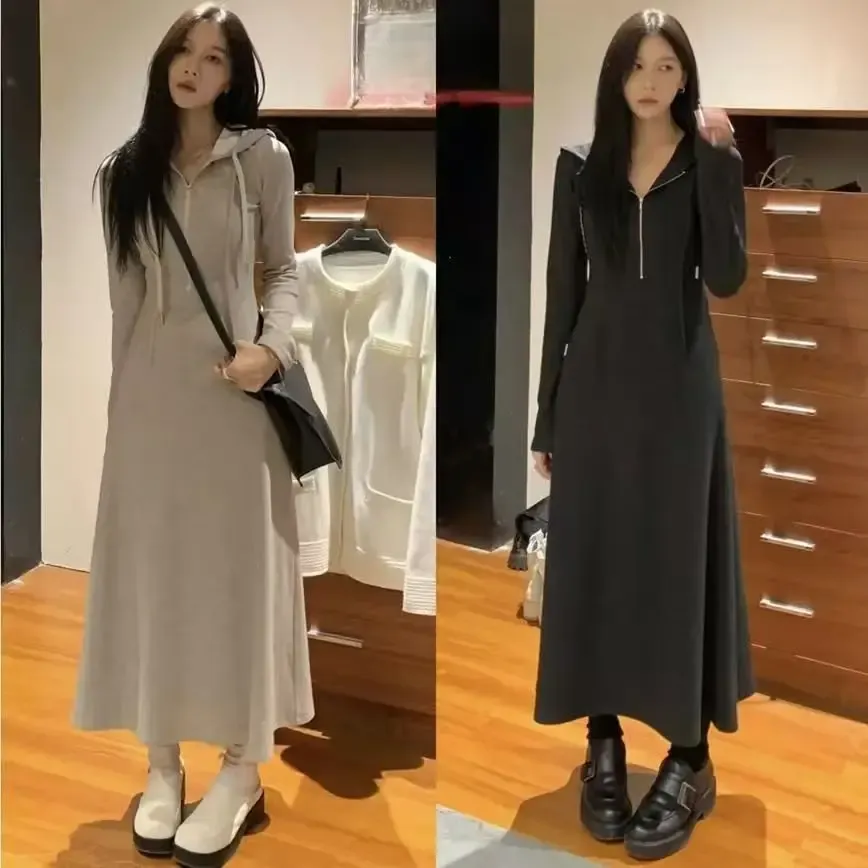 Long Sleeve Hoodie Dress Women's Autumn Spring High Waist Slimming Long Dress Elegant Style plus Size Knee-Length AE Stock