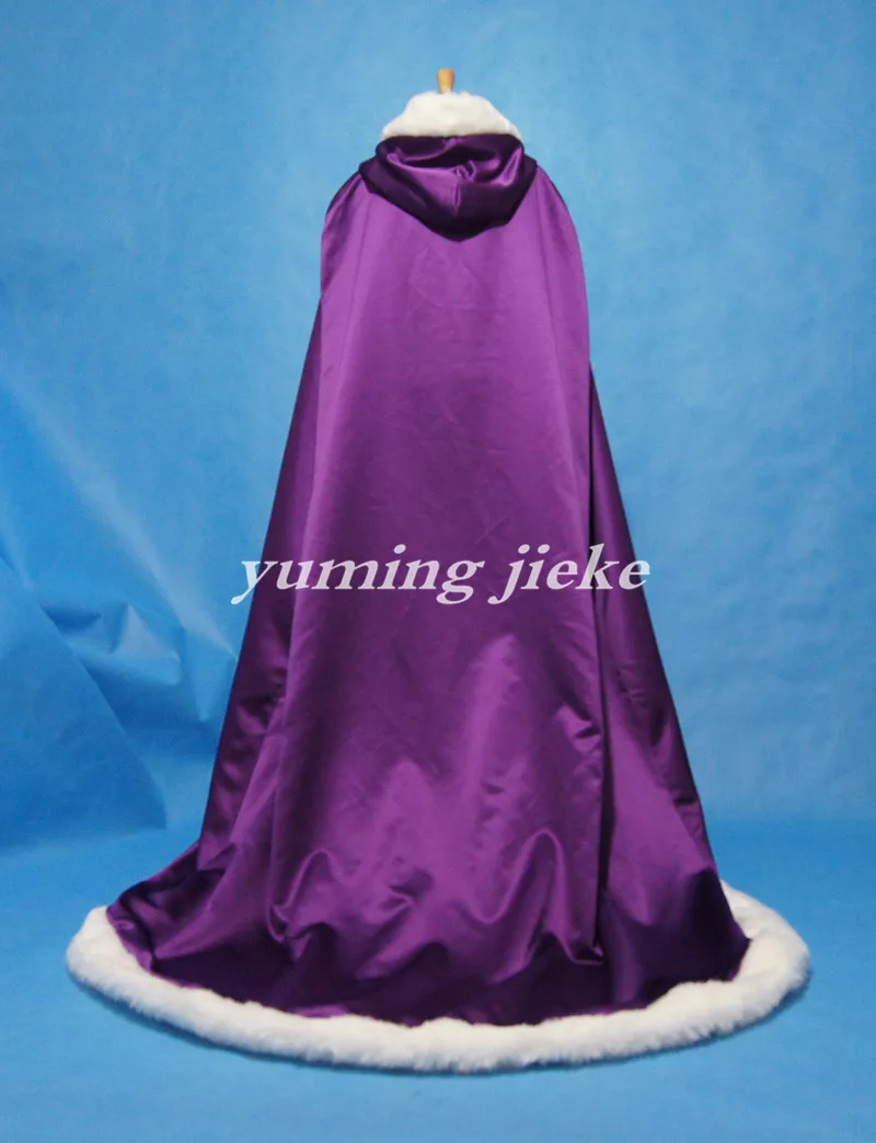 Purple Bridal Cloak Hooded Faux Fur Trim Satin Wedding Cape Shawl