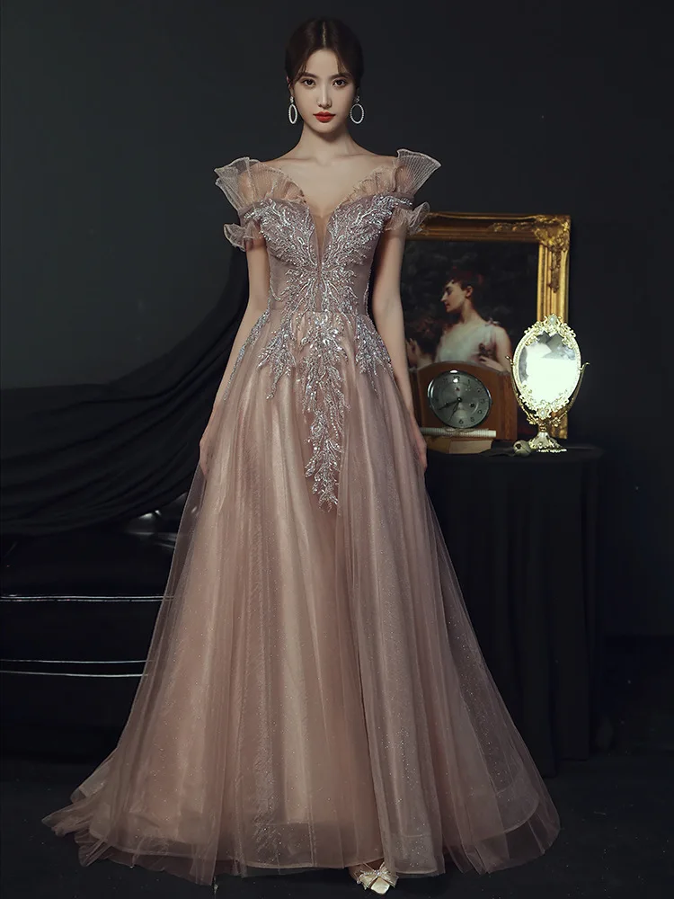 Luxury Evening Dresses Women 2022 Sequined Fine Appliqué Off-shoulder Tulle  Floor-length Long Formal Banquet Prom Gown