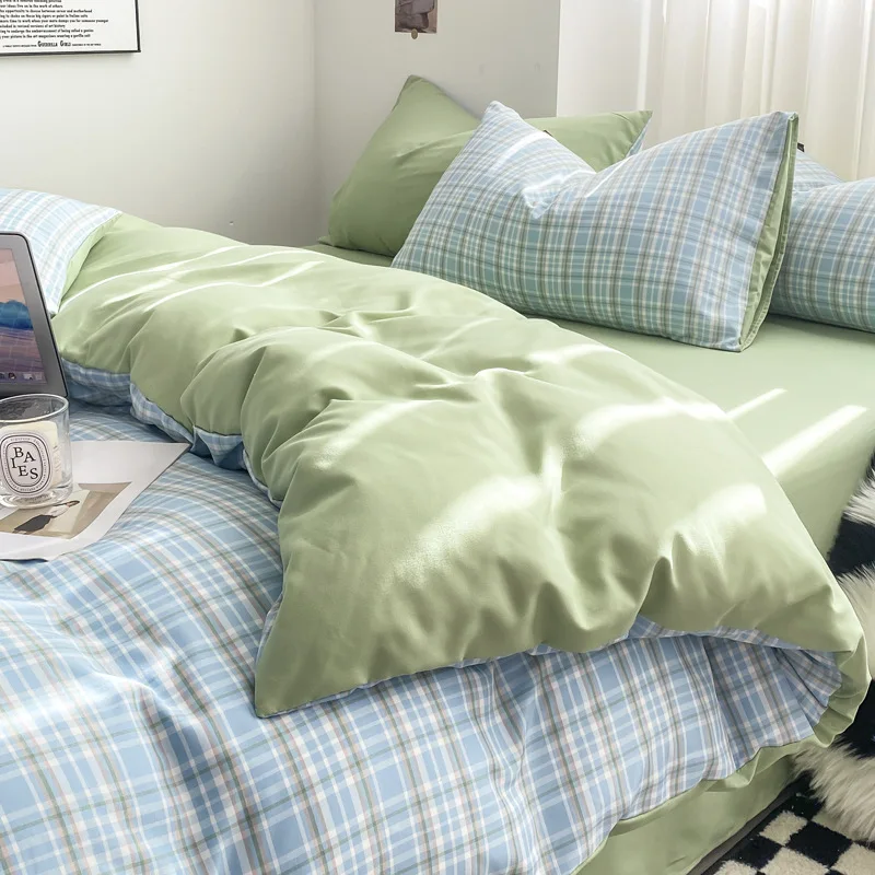 

Bedding Set Washed Cotton Yarn-dyed Plaid Unprinted Style Four-piece Set Solid Color Double-matching Brushed Quilt Cover Linens