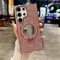 Luxury Diamond Mirror Phone Case with Magnetic Glitter Ring Stand Holder - Galaxy S26 Ultra (Pink)