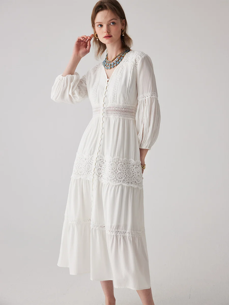 

Aussie French Holiday Style Romantic Embroidery Lace Splice Dress Women's Spring/Summer Long Dress