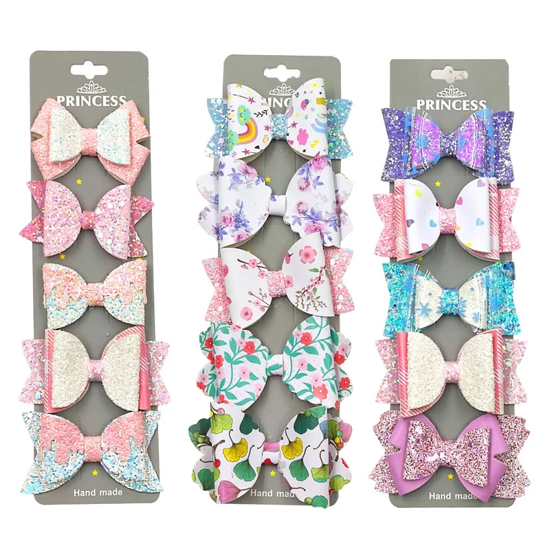 

5PCS/Card 5 Styles Mixed Leather Glitter Girls Clips Bows Child Tie Knot Handmade Hairpins Barrettes Hair Accessories For Kids