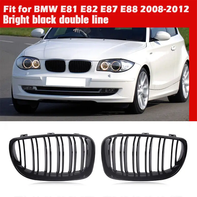 

Front Kidney Double Line Grille Grill Replacement For BMW E81 E82 E87 E88 1 Series 2007-2013 GLOSS BLACK 2 Lines Racing Grills