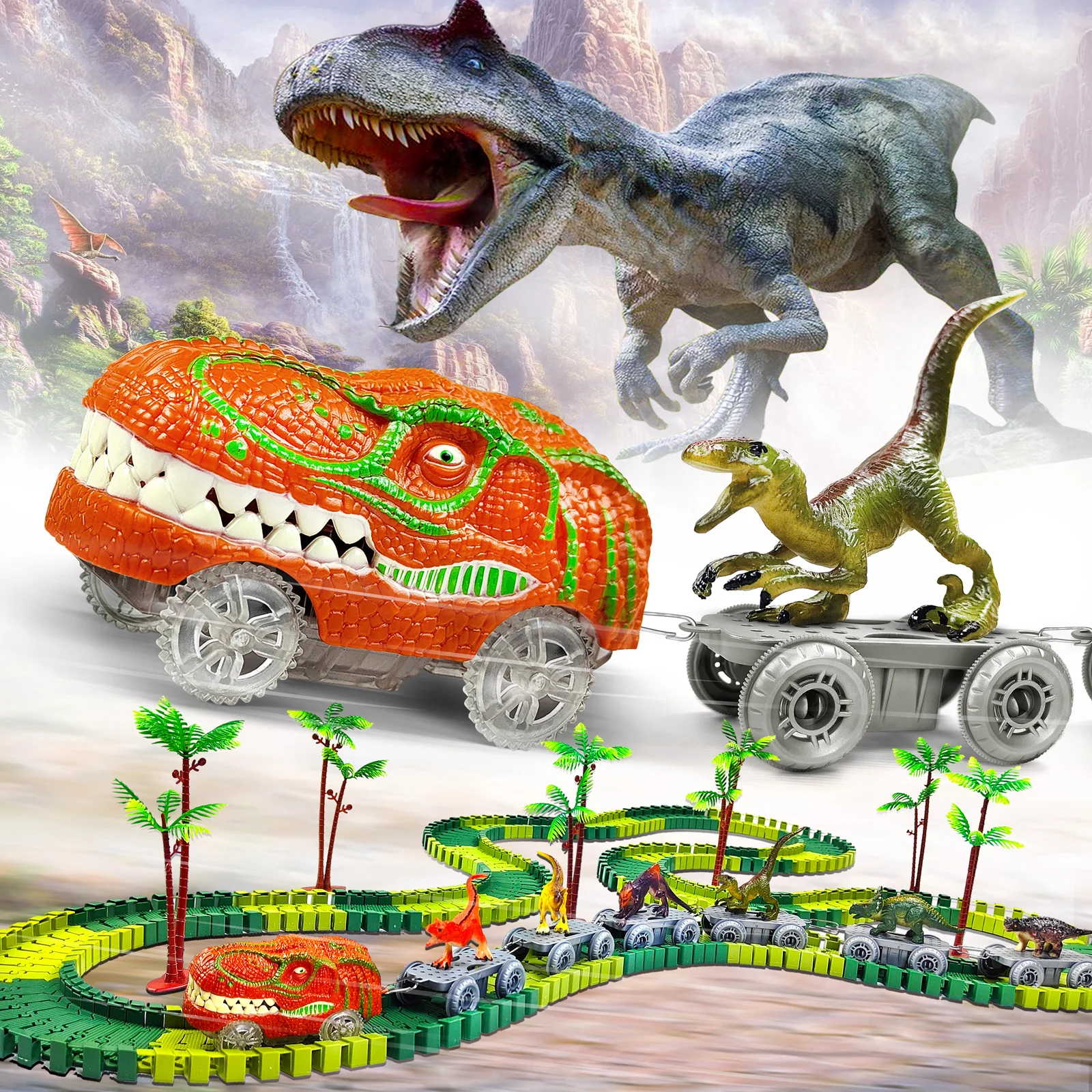 Dinosaur Race Track Toy Set 245 PCS, Flexible Track Train Create A Dinosaur Track, Dinosaur Toy Gift for Kids Boys Girls