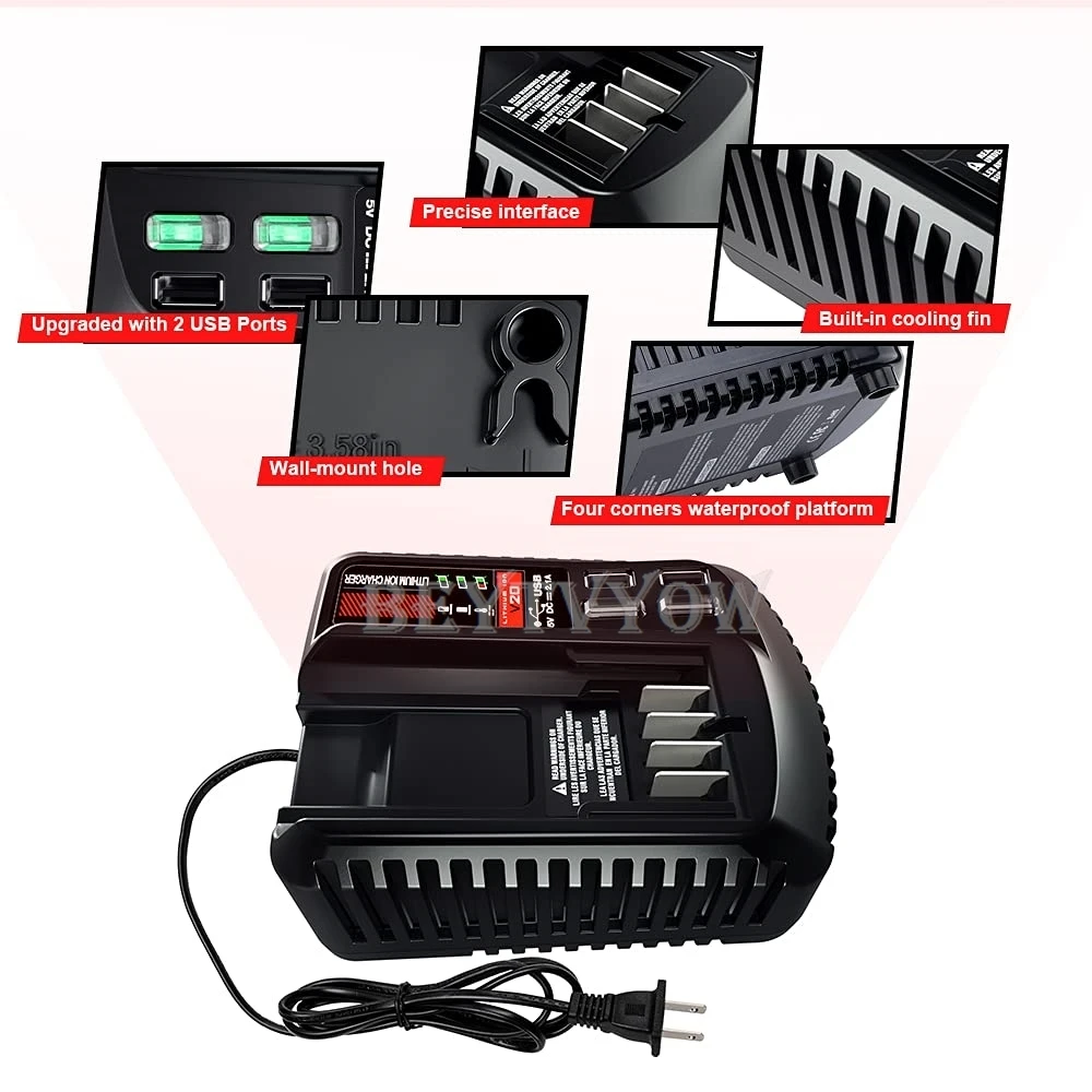 Fast Battery Charger Compatible with Craftsman 20V Battery With Dual USB Port Ch