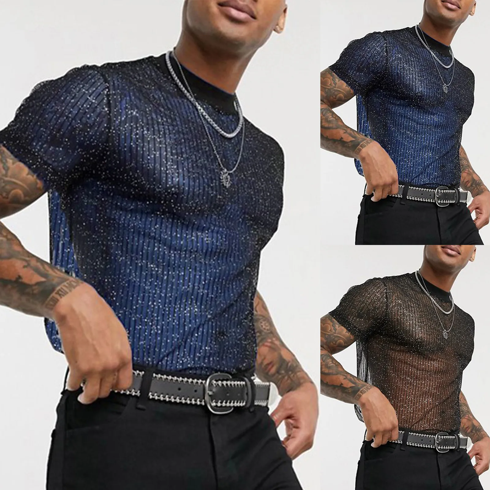 Men Glitter See-through T-shirt Short Sleeve Sequin Transparent Mesh Shirts Summer