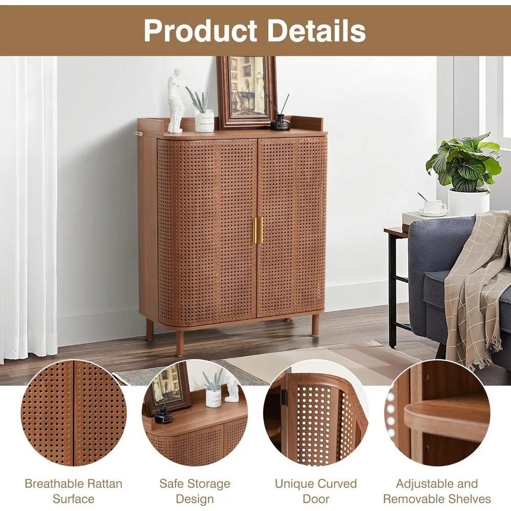 5 Tier Boho Wooden Shoe Cabinet - Adjustable Shelves & Curved Iron Rattan Door Shoe Storage Organizer 3