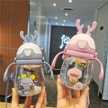 새로운 창의적인 만화 동물 사슴 어린이 빨대 수유 배우기, 누수 방지 야외 휴대용 물병, 370ml