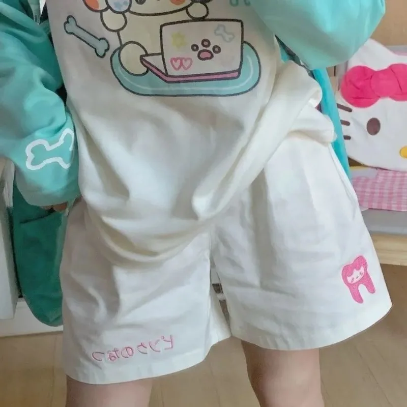 Full Marks Shorts Teeth Embroidery White Women Summer Japan Lovely Sweet Loose Fitting Versatile Leisure Wide Legs Student Y2k