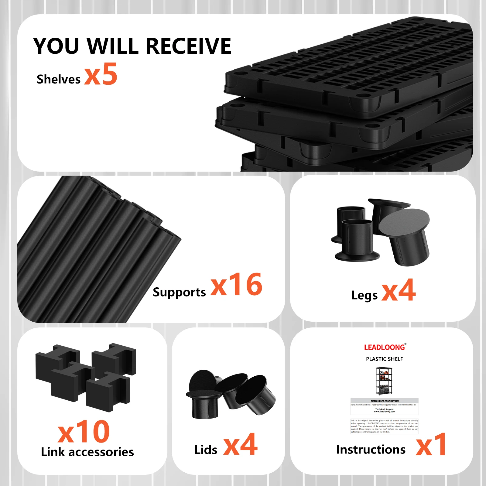 LEADLOONG 5-Tier Plastic Garage Storage Shelf Heavy Duty Storage Racks Plastic Shelves for Garage Kitchen Home Office