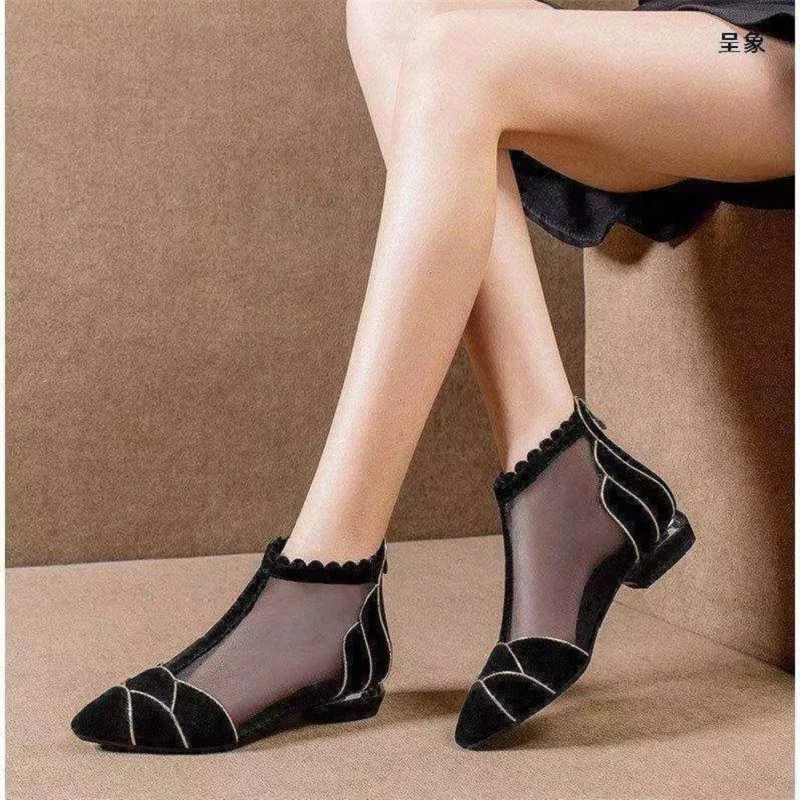Mesh Boots Women's 2024 Spring and Summer New Low-heeled Thick-heeled Sandals High-heeled Hollow Shoes 35-40 Large Size Zipper