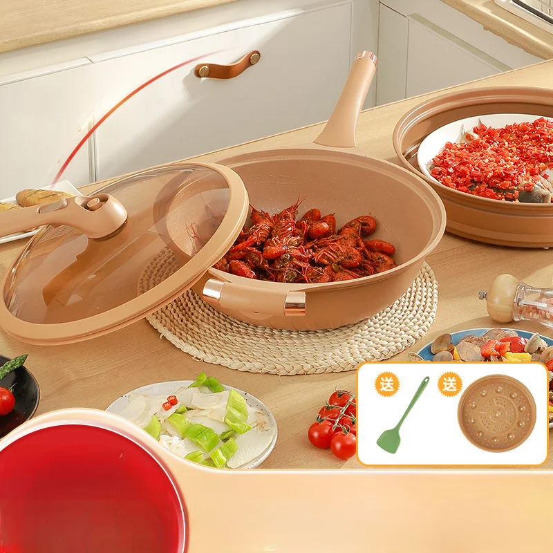 

32cm Chinese Clay Titanium Non Stick Pan with Cover Household Flat Bottom Micro Pressure Frying Pan Gas& Induction Cooker