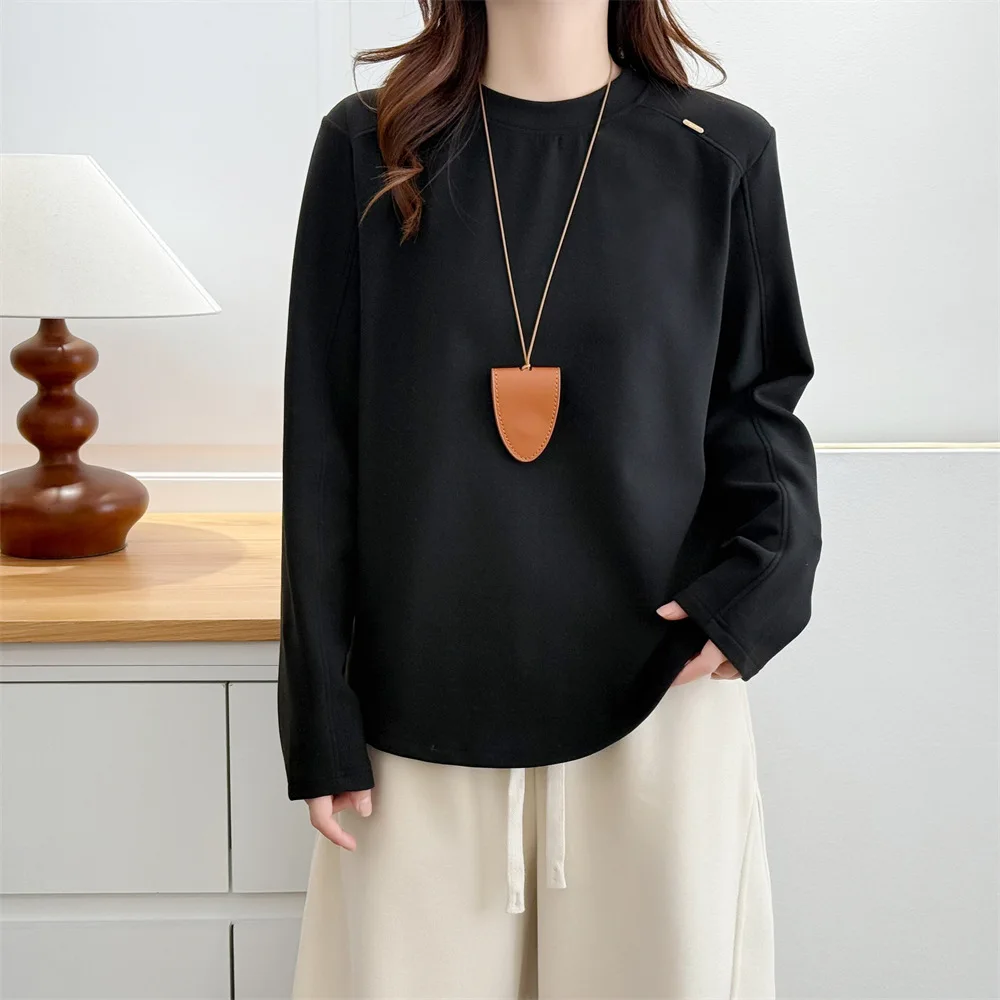 XXXXL Fashion Plus Size Women's T-Shirt Autumn Winter 2025 Simple Solid Color Fleece Warm Thickened Long Sleeved Base Tops 7056