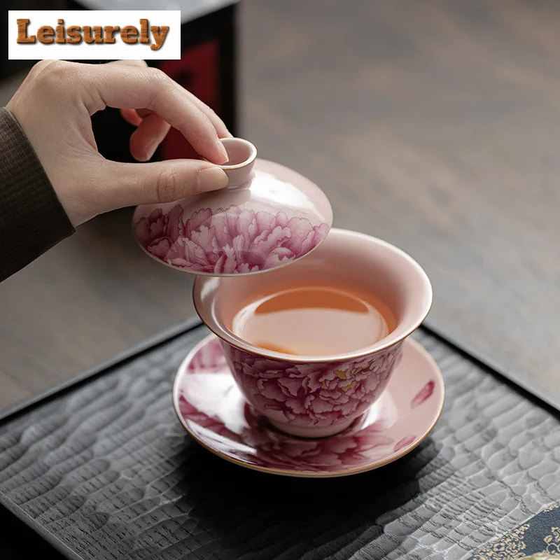 130ML Pink Ru Kiln Gaiwan Japanese Peony Sancai  Anti-scald Tea Tureen Tea Brewing Cover Bowl Tableware Decoration Collection