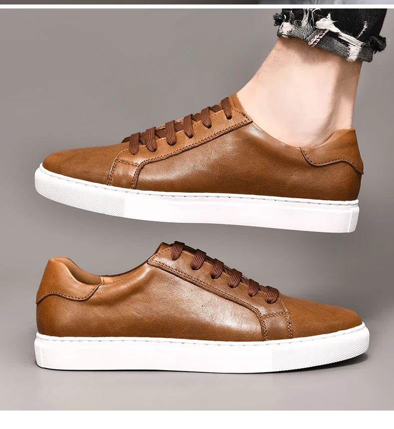 Fashion Genuine Leather Brown Sport Shoes Breathable Casual Shoes Round Toes Board Shoes England Style Men Shoes Sneakers Men