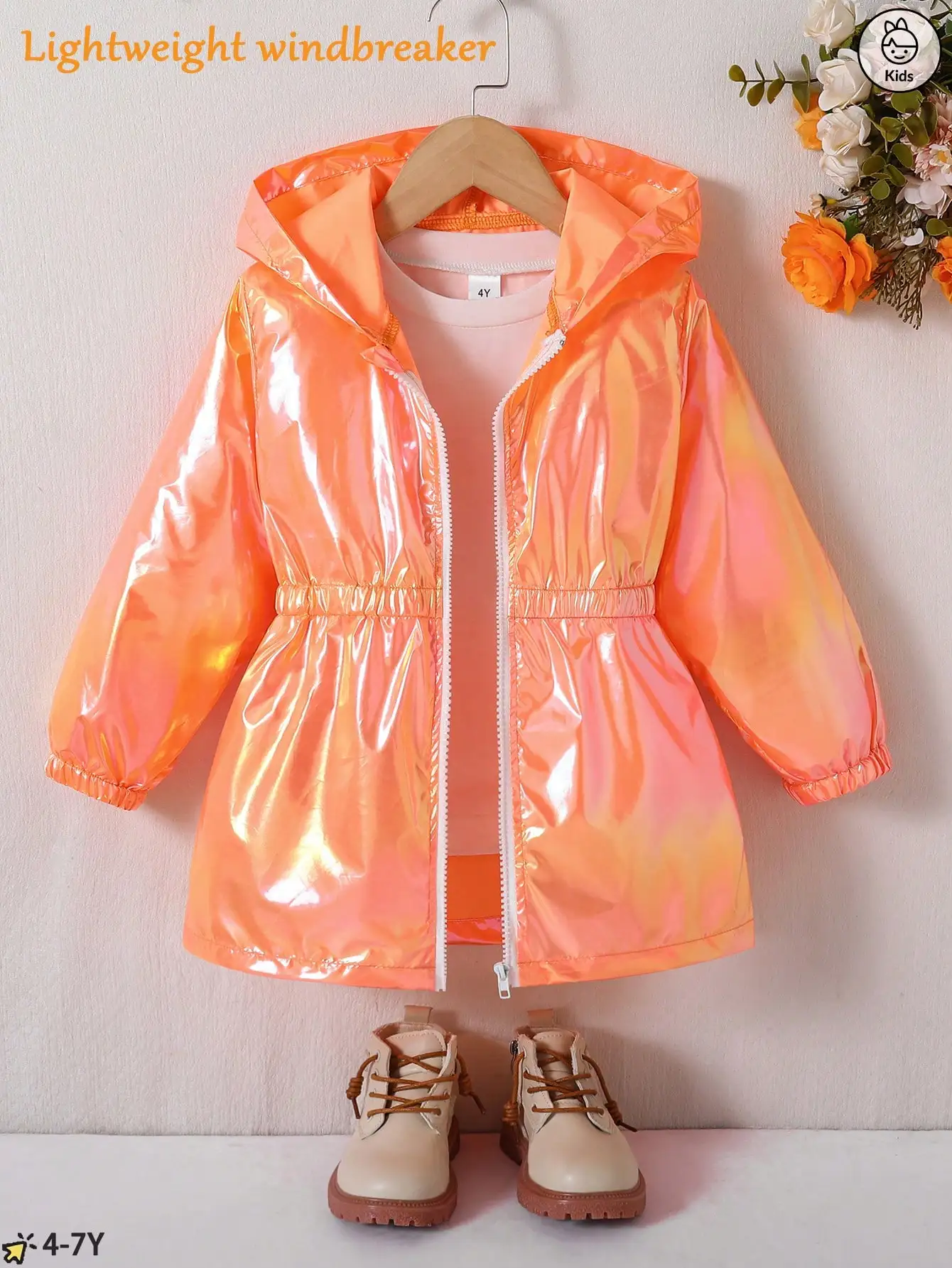 Girls' laser windbreaker jacket, multi-functional sunscreen raincoat with a fitted waist, thin style, mid-length zipper hoodie, - 5