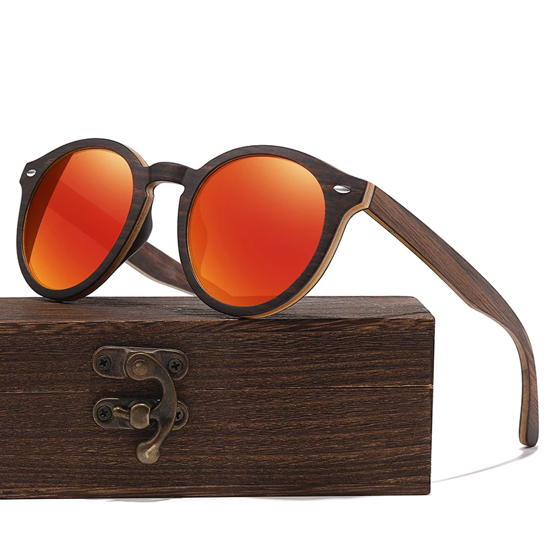 

LDMZYJ Polarized Sunglasses Women Men Vintage Round Wooden Frame Brand Designer Driving Sun Glasses With Gift Box
