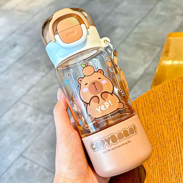 Portable Spring Lid Drink Cup With Straw Capybara Creative Cartoon Drinkware Double Opening Plastic Kids Capybara Bottle Gift 4