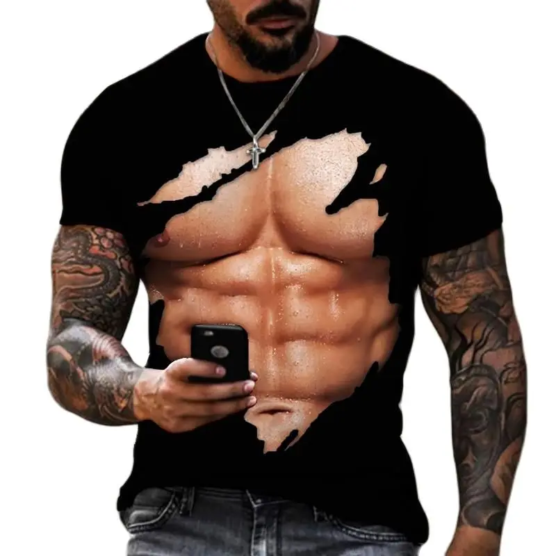 

Summer Fashion Men's 3d Printed Muscle T-shirt Casual Personality Harajuku High Quality High Street Tough Guy O-neck Loose Top