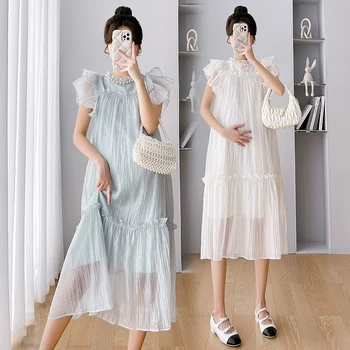 Sweet Pregnant Women's A-line Dress Ruffle Sleeves Beading Collar Maternity Ball Gown Dress Light Weight Princess Fashion Dress