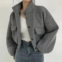 Cool Korean Style Autumn/Winter New Stand Collar Niche Cropped Idle Style Loose-Fit Casual Woolen Jacket For Women