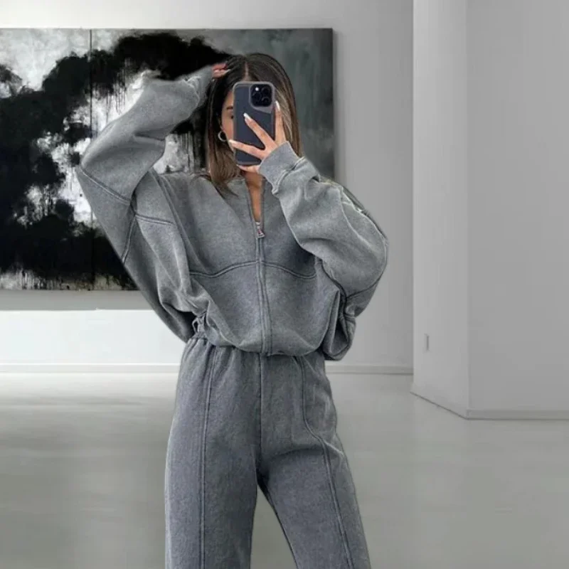 Women Elegant Solid Hooded Sweatshirt Zipper Hoodie Female Loose Drawstring Wide Leg Pant Sets Autumn Sport Suit