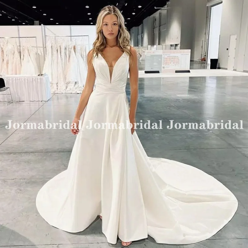 

Plunging V-neck Wedding Dress Pleated Satin A-line Church Bridal Gowns Open Back Elbise Buttons Long Train Vestido de novia 2024