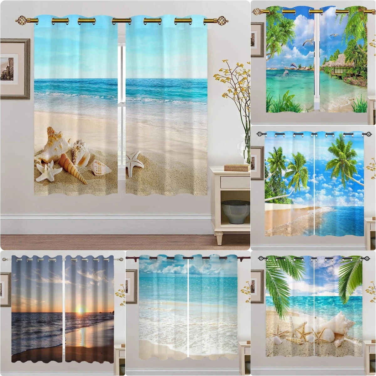 

Summer Beach Starfish Curtains Blue Ocean Landscape Curtain for Bedroom Tropical Drapes Living Room Decor 2 Pieces Free Shipping