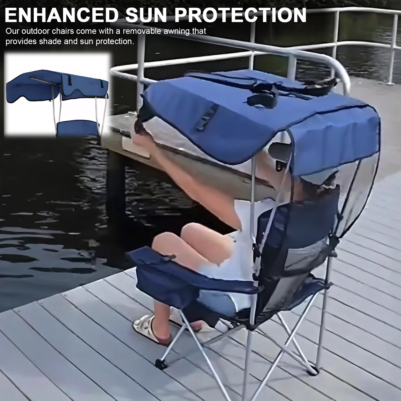Large Camping Lawn Chair with Ceiling & Cup Holder Folding Fishing Chair Waterproof Portable Sunshade Chair for Poolside Travel