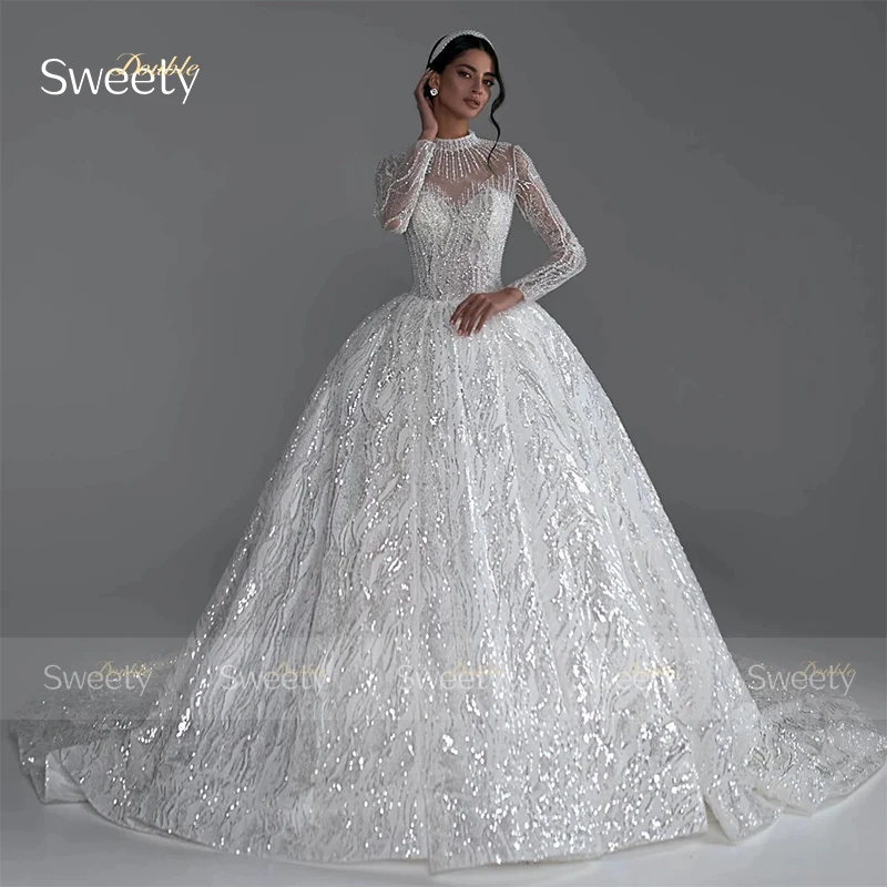 Abito da sposa completamente in rilievo che borda con abito da ballo Glitter collo alto manica intera abito da sposa personalizzato bottone Vestido De Novia - immagine 6