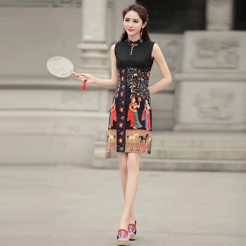 

New Summer Ethnic Wind Modified Cheongsam Skirt Retro-vintage and Slim Daily Short Cotton-linen Chinese Wind Dress