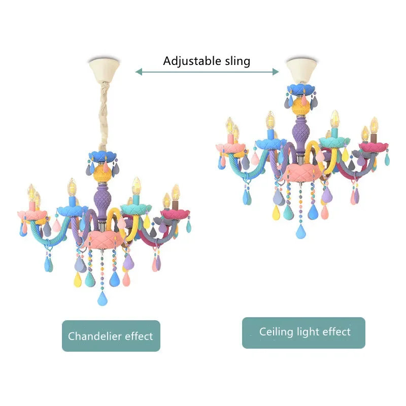 Morden Candle Rainbow Color Crystal Chandelier Lustres Children's Bedroom America Girl Princess Makaron Lamps Drop Light Fixture