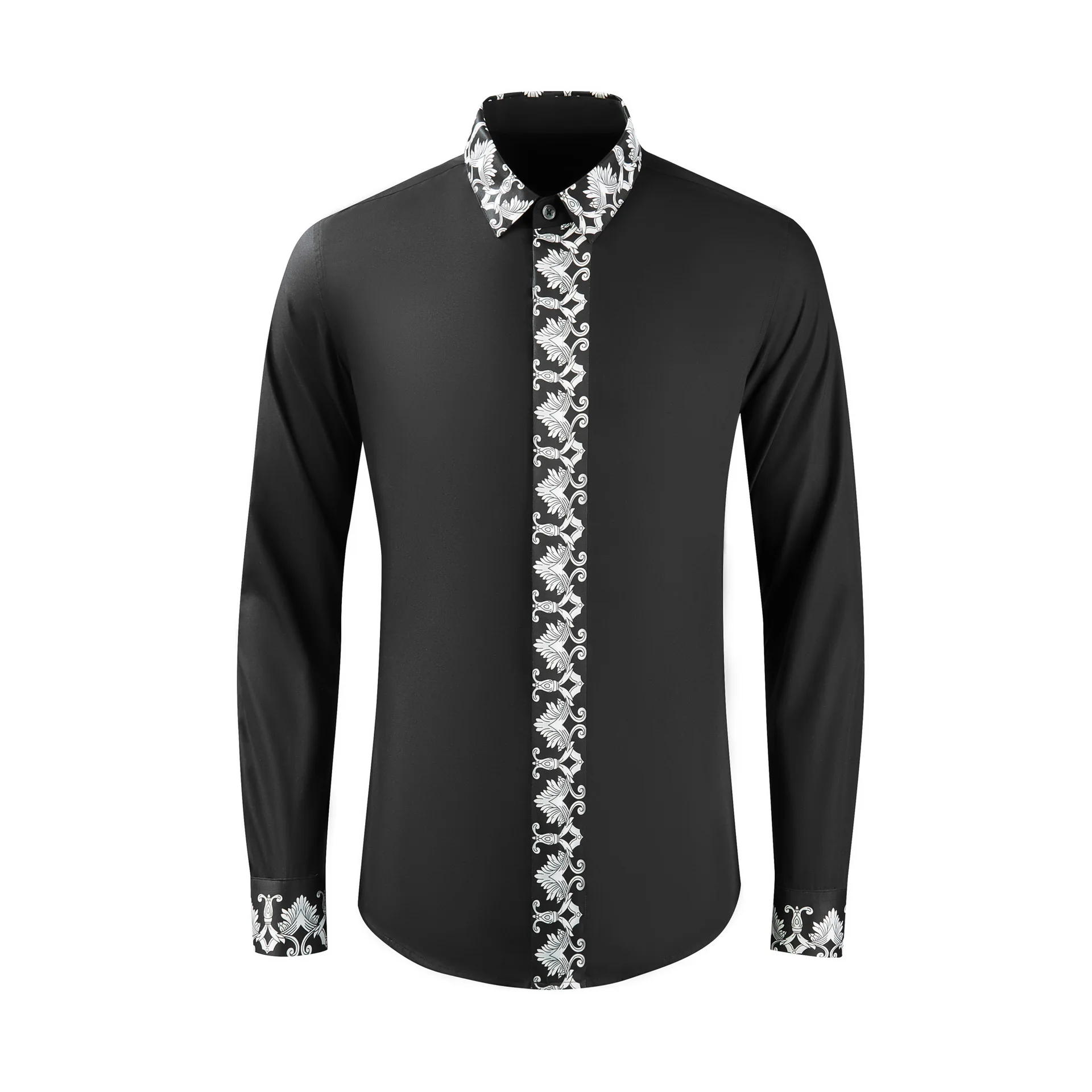 

Royal flower black and white patchwork contrasting color men's slim fitting shirt, fashionable cotton spinning men's clothing