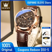 OLEVS 2876 Mens Watch Leather Strap Quartz Watch Waterproof Luminous Moon Phase Multifunctional Chronograph Watches For Men Gift