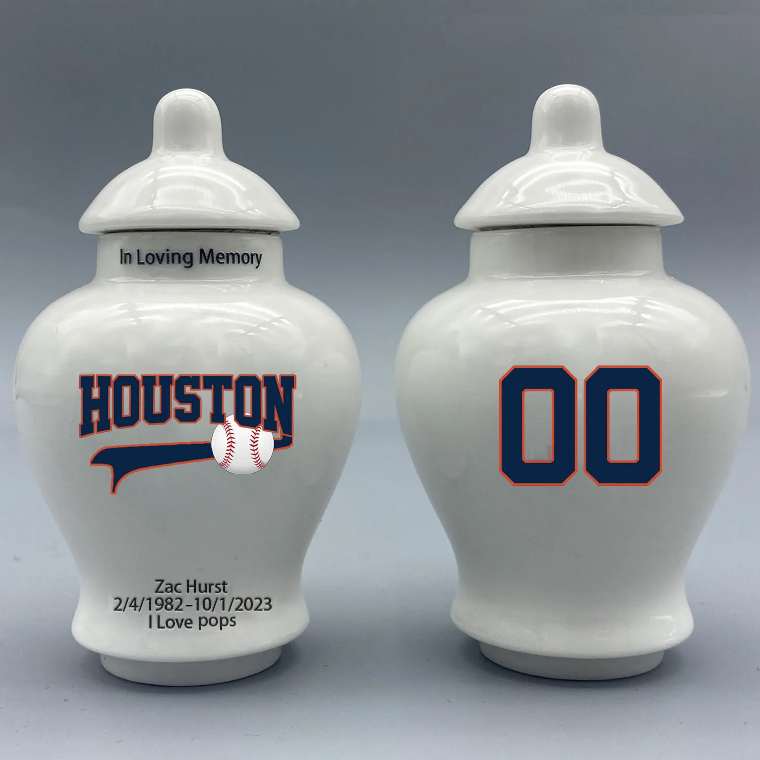 

Mini Urn for Houston Astros-Baseball themed.Please send me the customization information - name/date and number on the urn