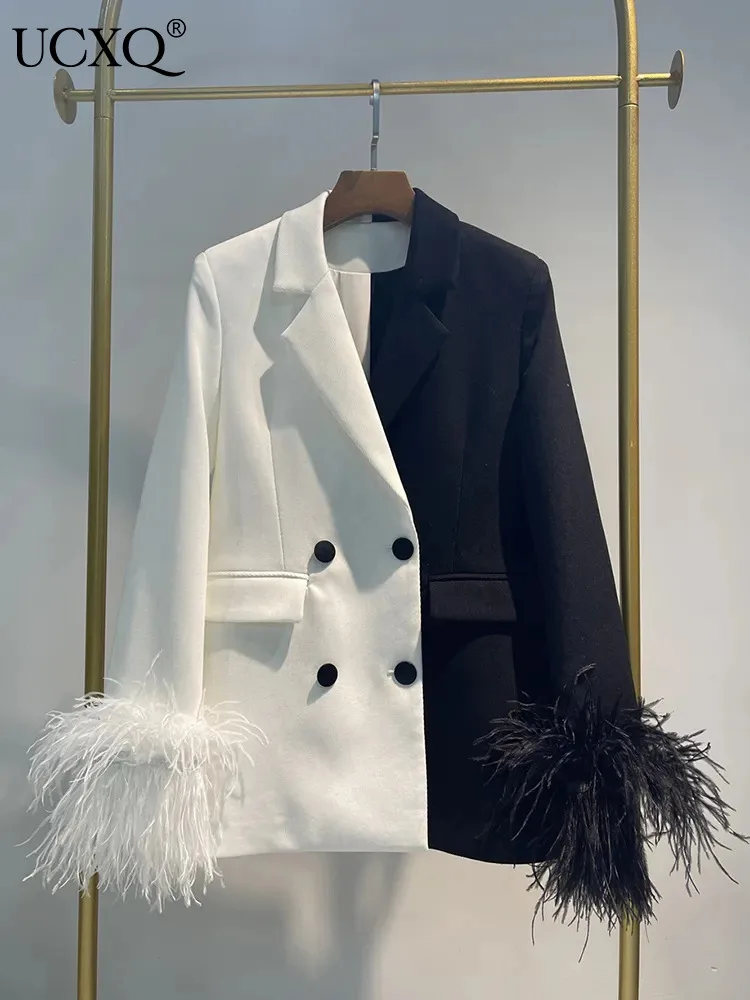 

UCXQ Long Sleeve Feather Detachable Blazer Coat Women Black White Fashion Double Breasted Suit Jacket 2023 Autumn Winter 3A5023