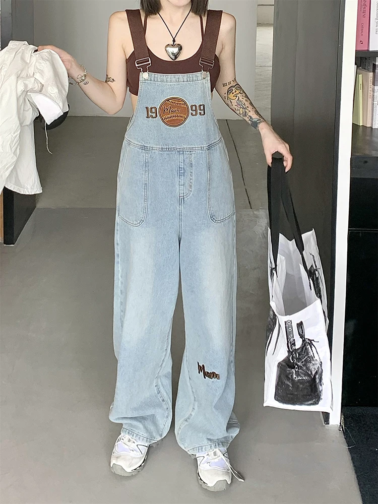 American Vintage Embroidery Letters Denim Jumpsuit Women High Waist Loose Wide Leg Straps Jeans Streetwear Overall Trousers