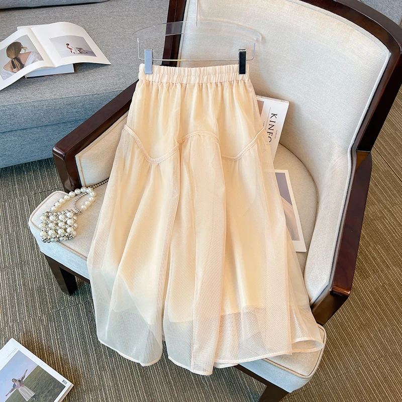 

2023 New Arrival Summer Women Casual Loose A-line Patchwork Mid-calf Skirt All-matched Elastic Waist Mesh Skirts V628