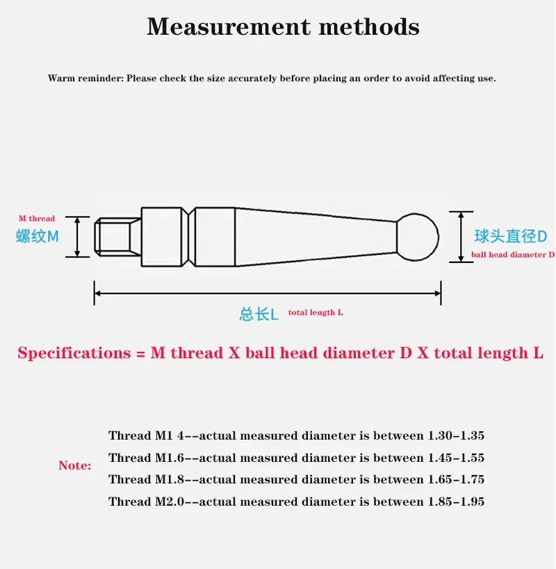 M1.4 M1.6 M1.8 M2 Thread 2mm Head OD 15mm / 44.5mm Length Ruby Head Pin Gauge Micrometer Tip Lever Dial Test Indicator Probe dial test indicator probe