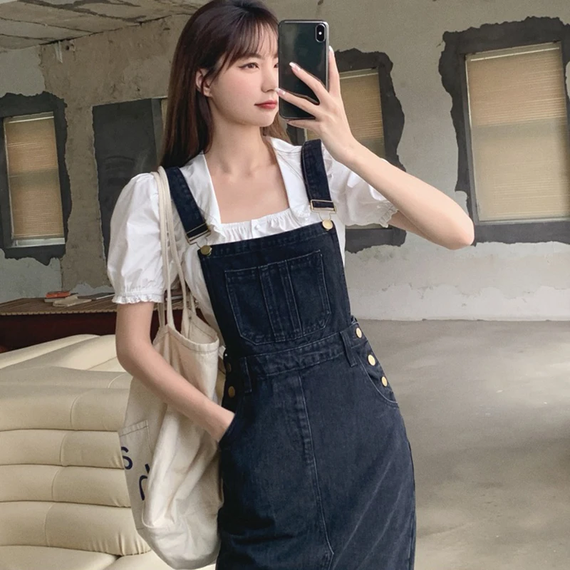 Casual Denim Dress Women Streetwear Sleeveless Pockets Black Long
