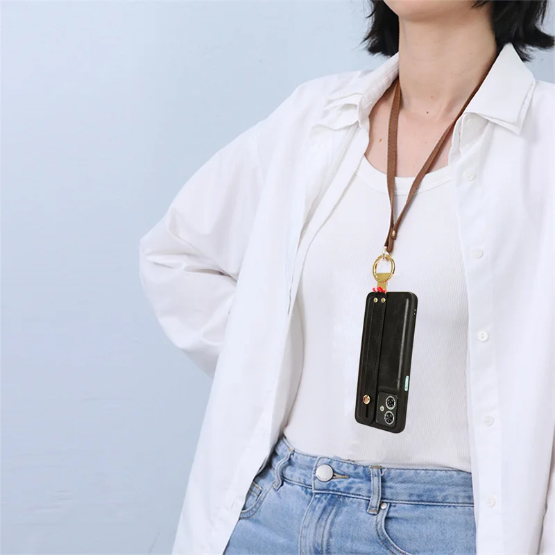 모토로라 모토 G54 5G 휴대폰 케이스, 럭셔리 가죽 커버, 손목 밴드 핸드 스트랩, 킥 스탠드 금속 링 케이스