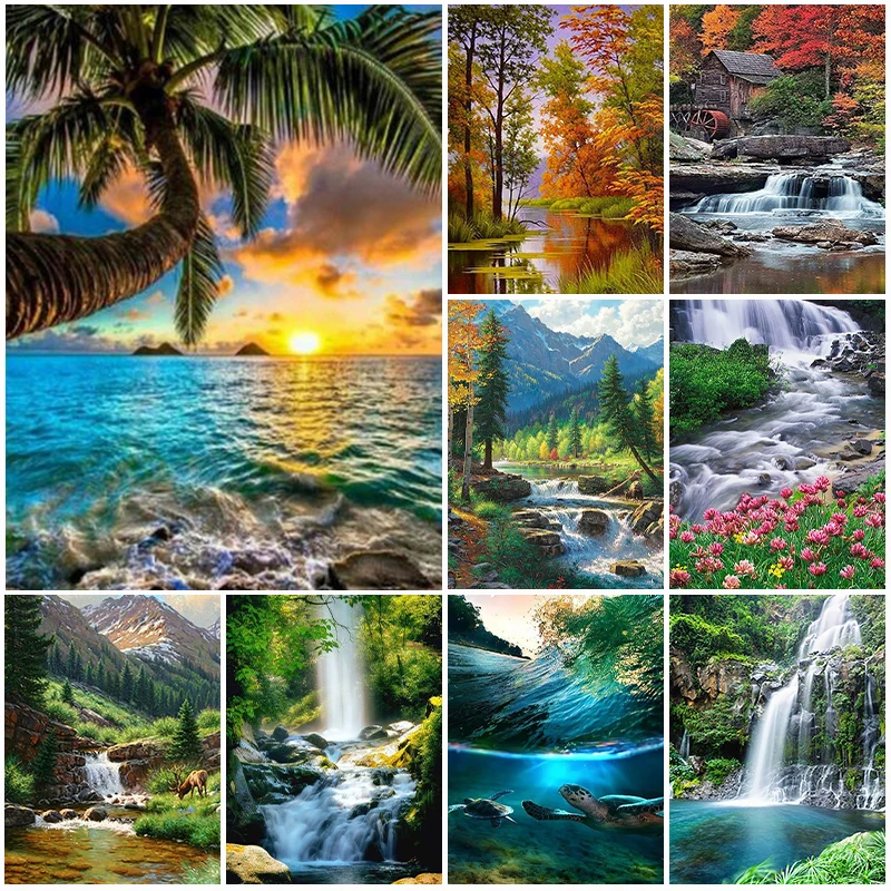 

Lake 5D DIY Diamond Painting Scenery Embroidery Mosaic Waterfall Tree Rhinestones Round Drill Cross Stitch Art Home Decor