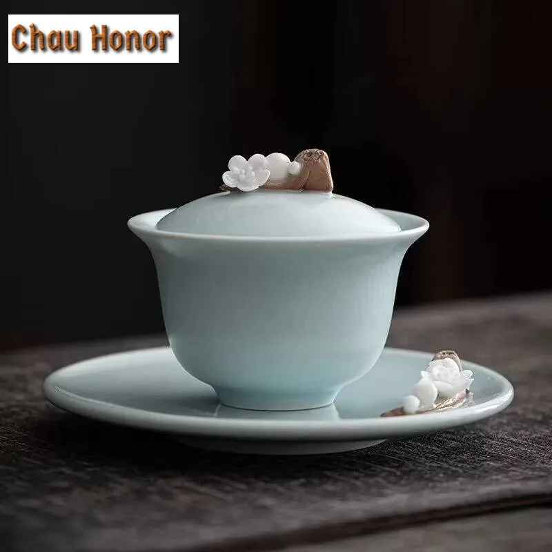 140ml Creative Ru Kiln Ceramic Sancai Covered Bowl Hand Pinch Flower Bud Art Tea Tureen Tea Making Gaiwan Kung Fu Tea Set Gifts