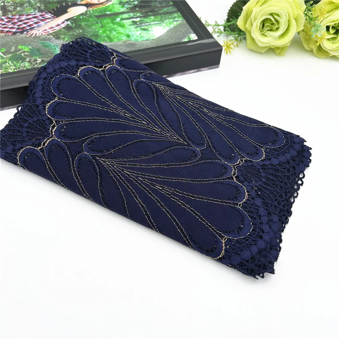 3y/lot Width 23cm Dark Blue Gold Shimmer Elastic Stretch Lace Trim 2