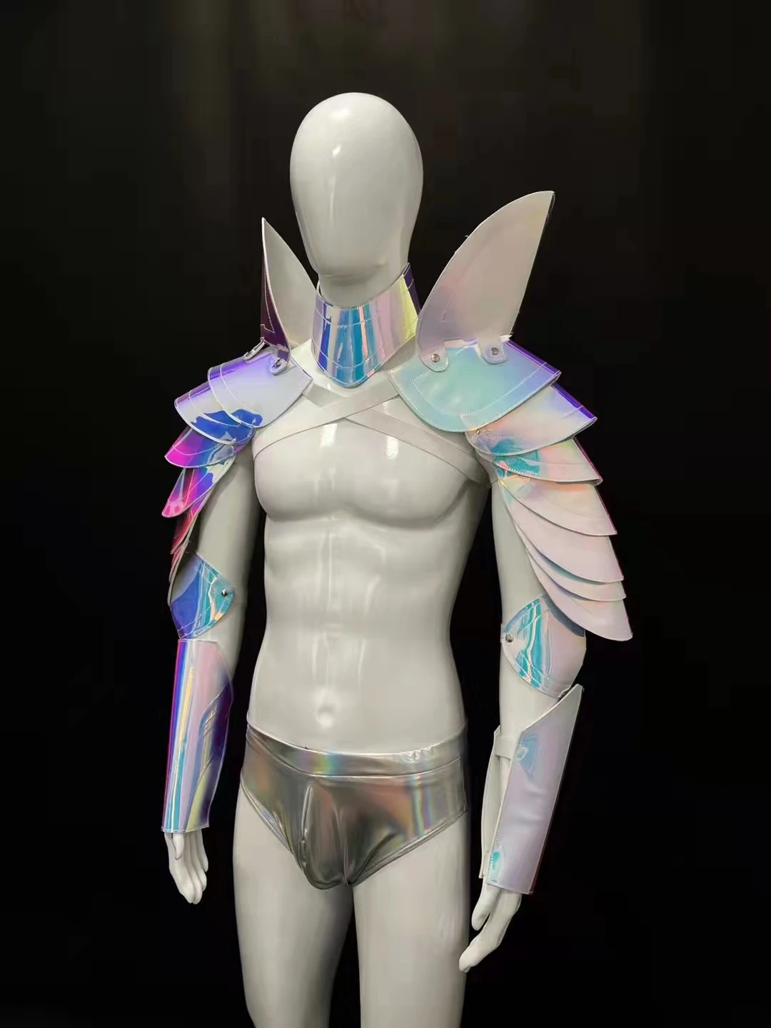 Club Party Nightclub DJ Gogo Sexy Silver Costume Stage Wear Cuff Outfit Muscle Men's Space Mirror Armor Bar Dancer Performance