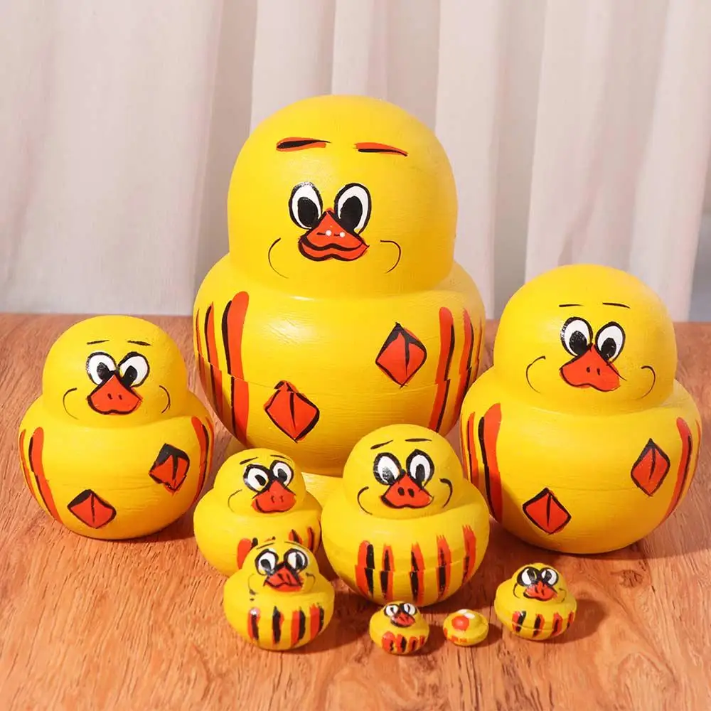 Ornament 10 Layer Nesting Dolls Wooden Yellow Duck Matryoshka Doll Toys Handmade Cartoon Stacking Dolls Decor Crafts